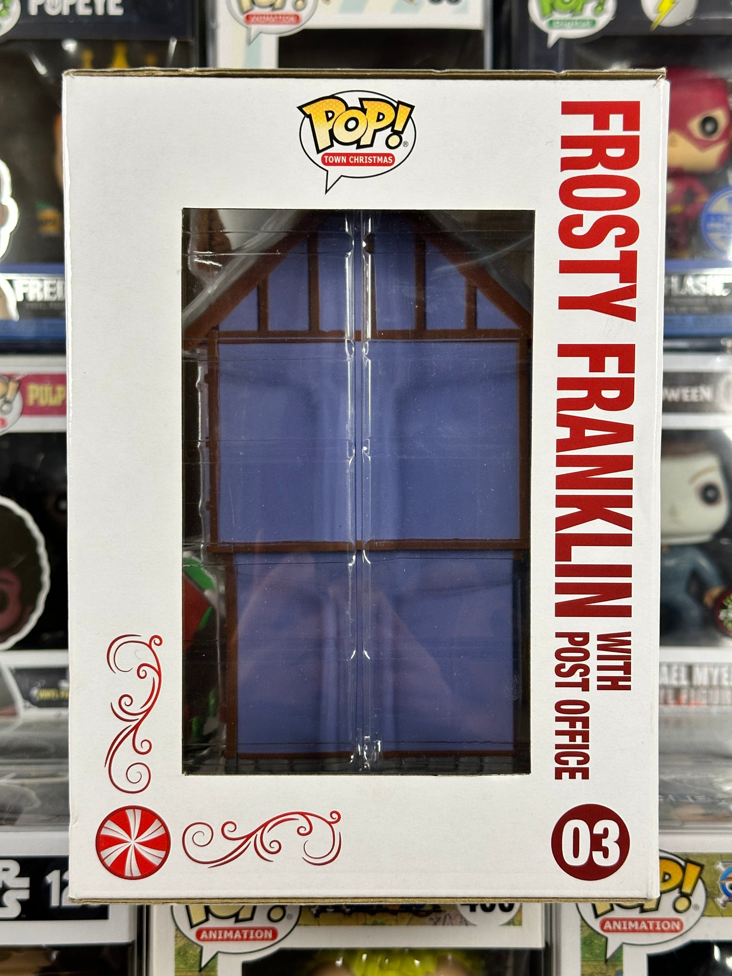 Peppermint Lane - Navidad en la ciudad - Frosty Franklin con oficina de correos (se ilumina) (03) Exclusivo de GameStop abovedado